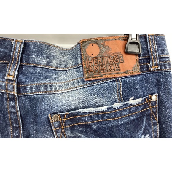 Heritage America Jeans Mens 40x34 Blue Distressed Ripped Denim Faded 5-Pocket - Picture 7 of 11